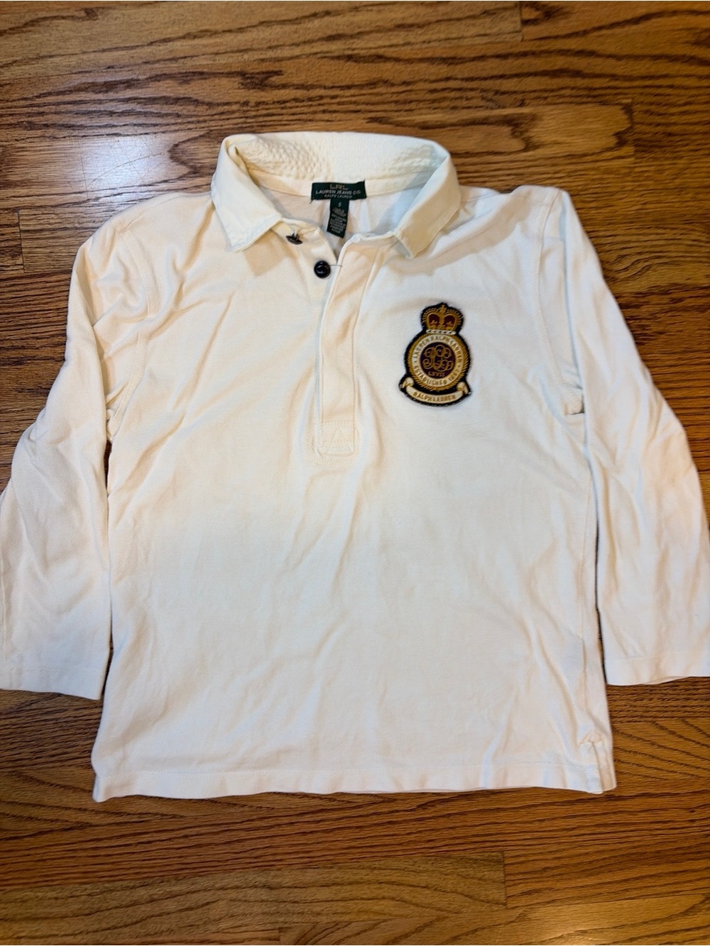 Vintage Ralph Lauren Womens S Cream Rugby long Sleeve Polo RL Crest Preppy Polo